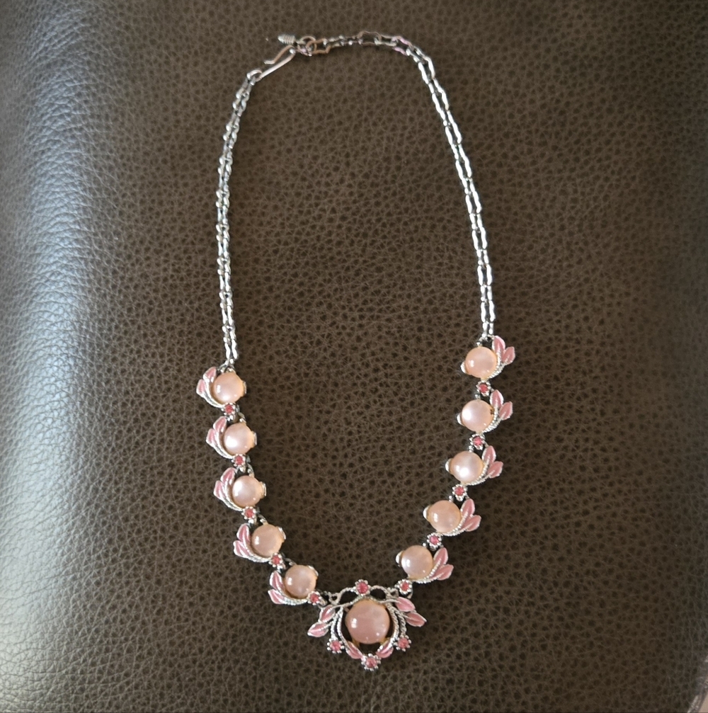 Lovely Vintage Silver Tone, Chic Pink Blossom Necklace W/Gemstones